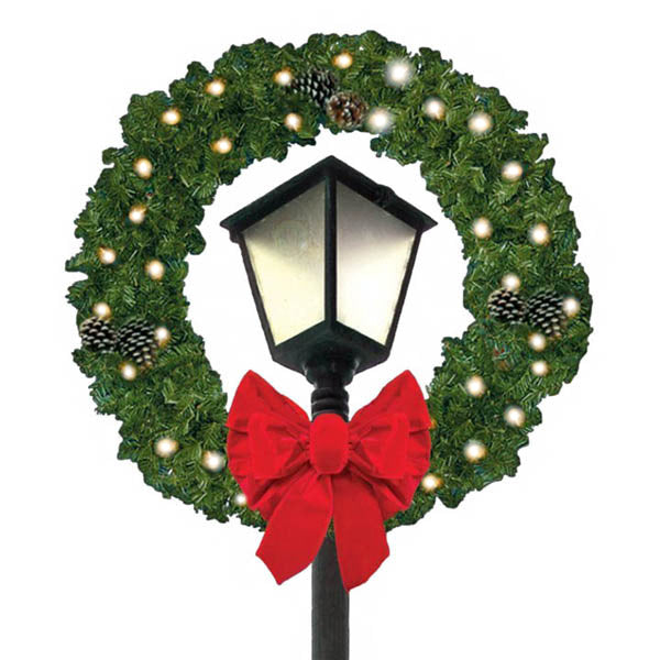 Load image into Gallery viewer, 50 in. Prelit Post Over Christmas Wreath with Bow