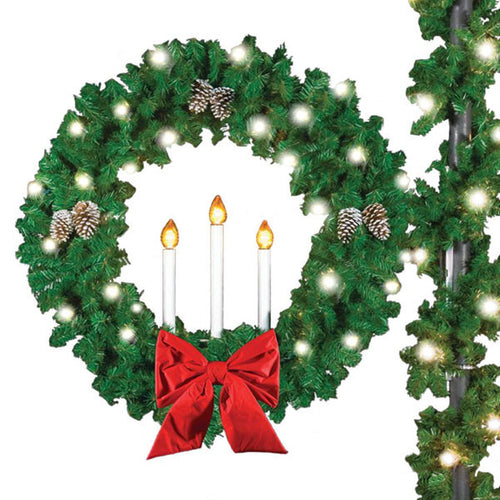 60 in. Pole Mounted Triple Candle Christmas Wreath with Bow